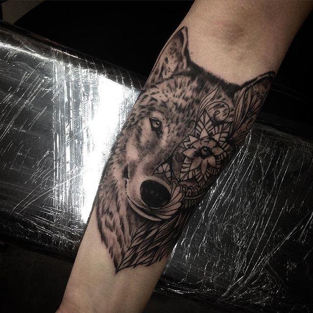 Left Forearm Mandala Wolf Tattoo