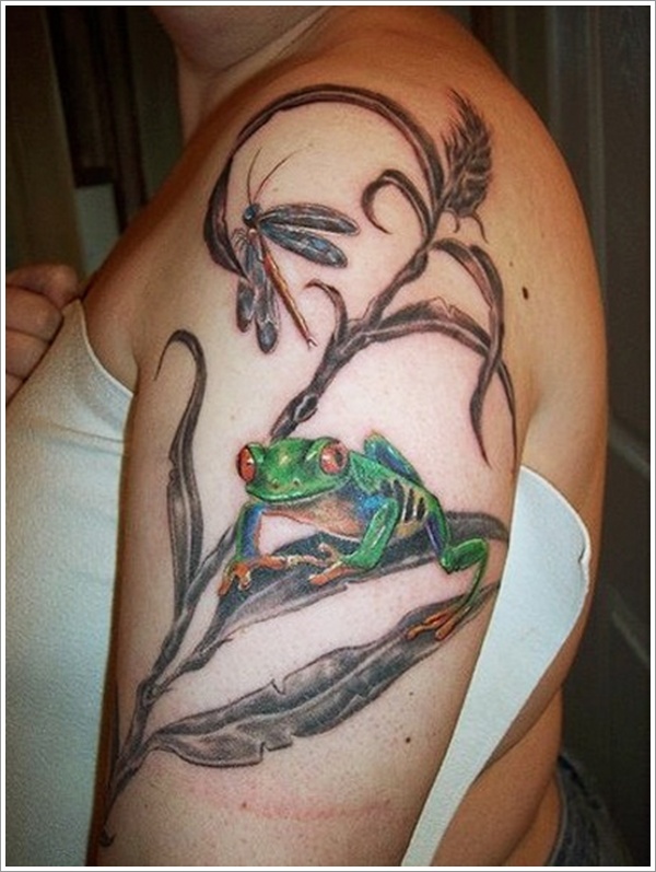 Left Half Sleeve Dragonfly And Frog Tattoo