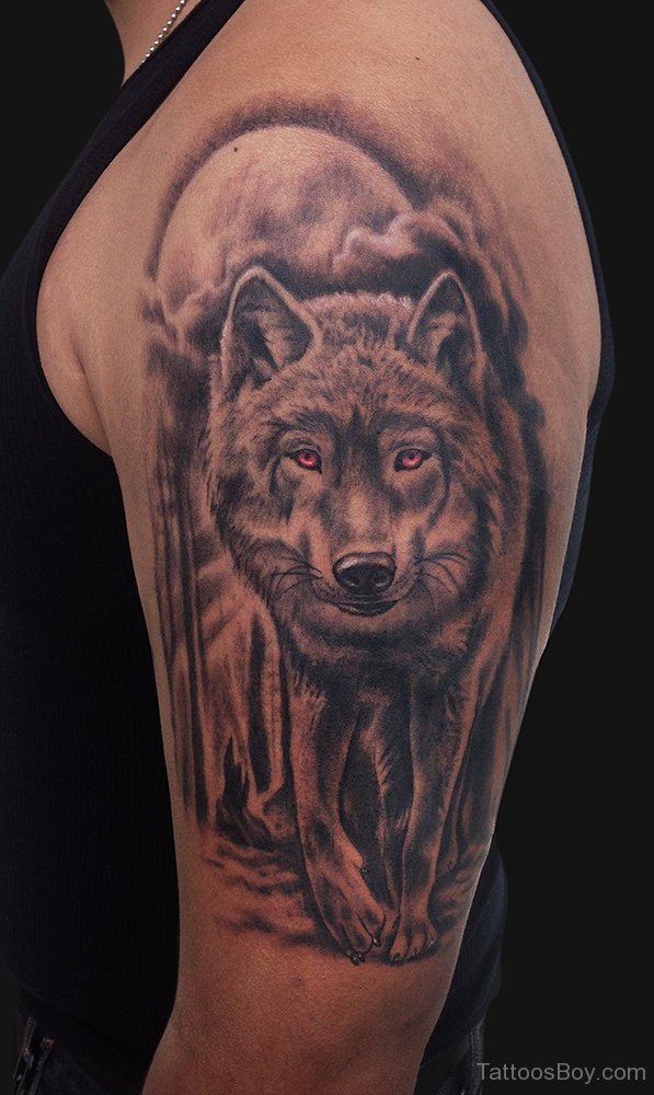 Left Half Sleeve Pink Eyes Wolf Tattoo For Men