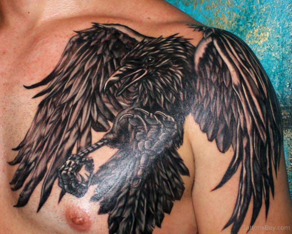 Left Shoulder Flying Crow Tattoo For Men
