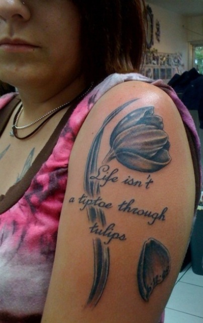 Left Shoulder Grey Ink Tulip Tattoo