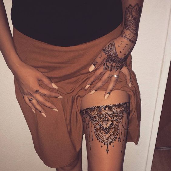 Left Thigh Mandala Flower Tattoo For Girls