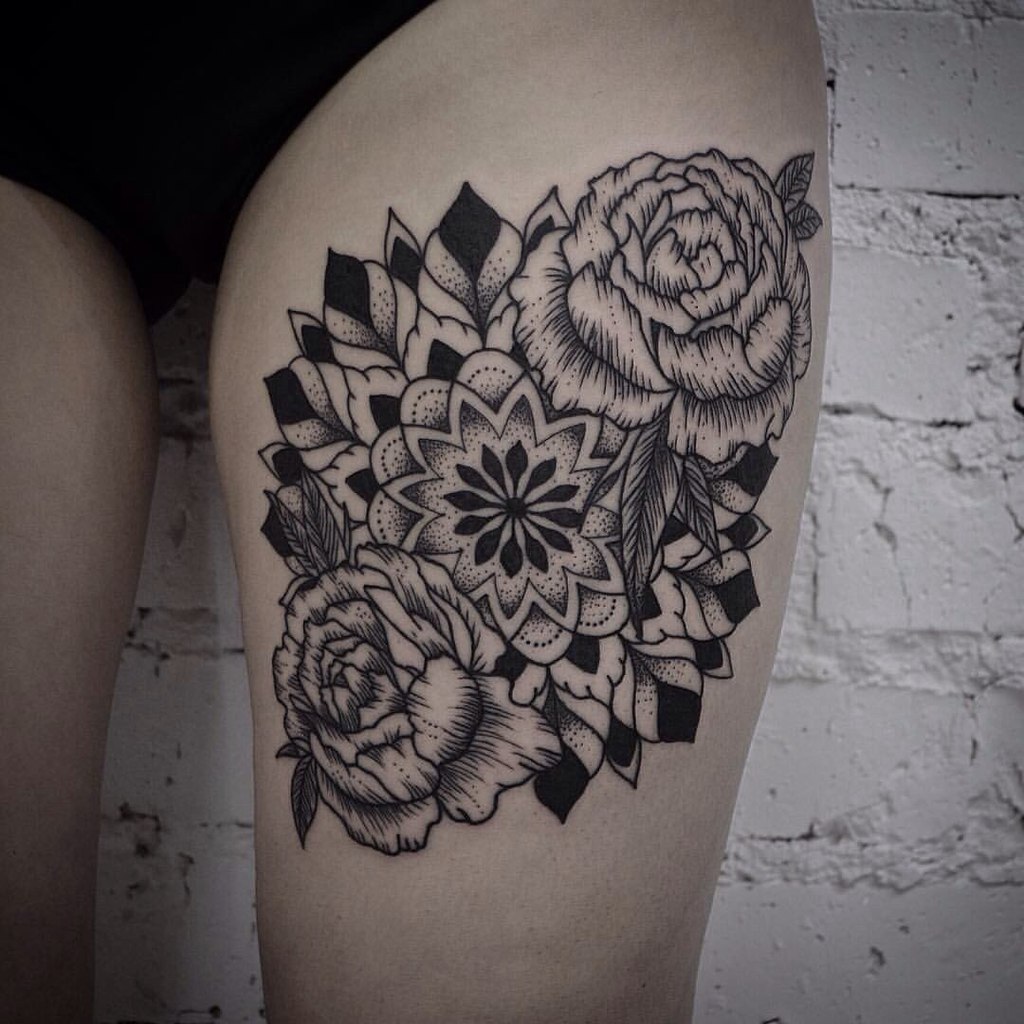 Left Thigh Mandala Flower Tattoo For Women