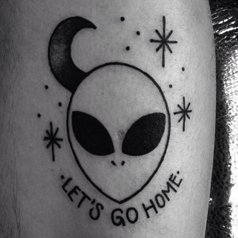 Let's Go Home - Black Outline Alien With Half Moon Tattoo Design For Sleeve