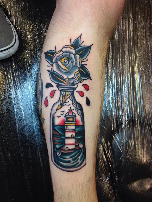 Lighthouse In Bottle With Rose Tattoo On Leg Calf By Sam Ricketts
