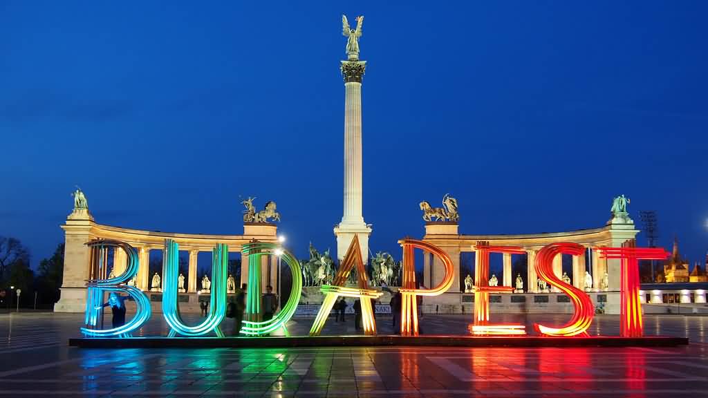 Lighting Budapest Sign At The Heroes Square Night Picture