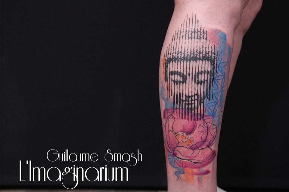 Lord Buddha With Flower Tattoo On Right Leg By Guillaume Smash