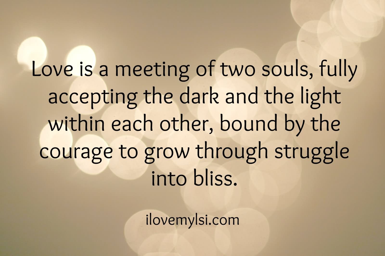 Love is a meeting of two souls fully accepting the dark and the light within each other, bound by the courage to grow through struggle into bliss.