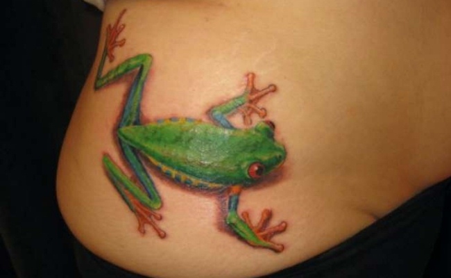 Lower Back Green Frog Tattoo