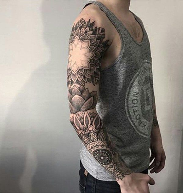 Man Right Sleeve Mandala Flower Tattoo