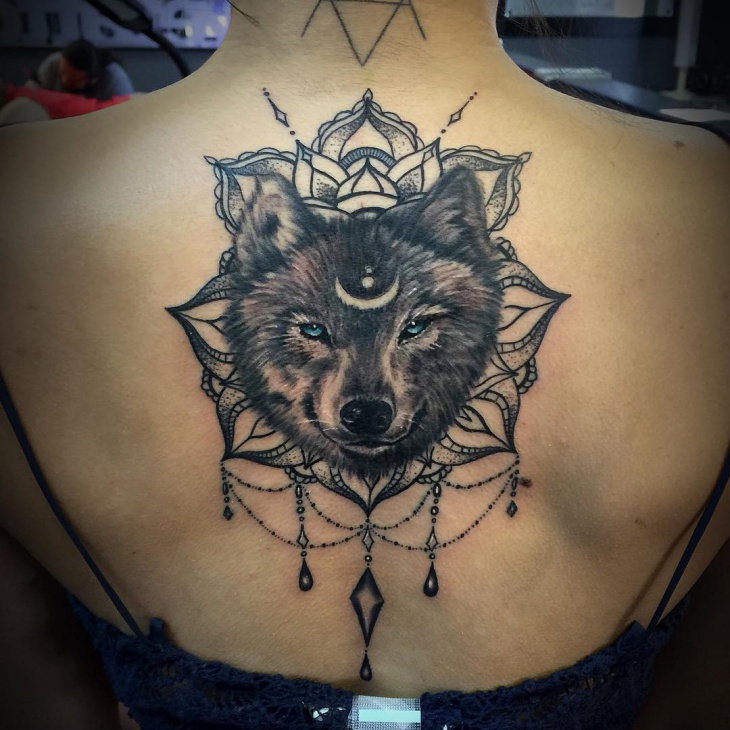 Mandala Flower And Wolf Tattoo On Upper Back