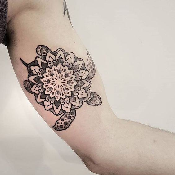 Mandala Flower In Turtle Tattoo On Bicep