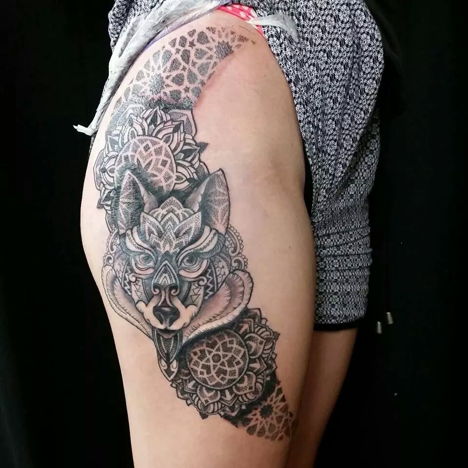 Mandala Flowers And Wolf Head Tattoo On Side Leg