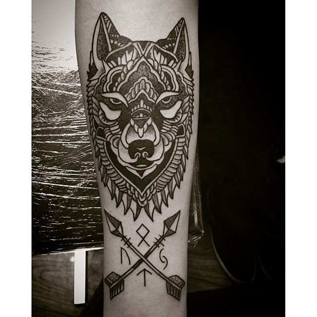 Mandala Wolf Head And Arrows Tattoo On Forearm