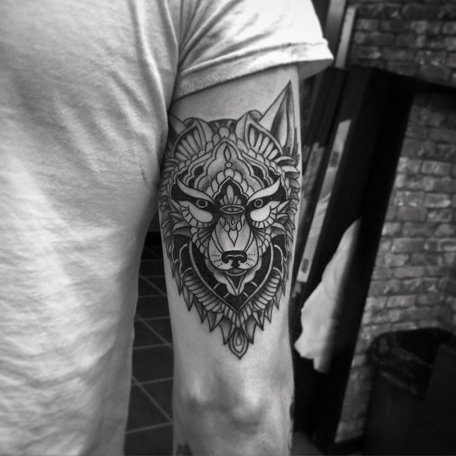 Mandala Wolf Head Tattoo On Bicep