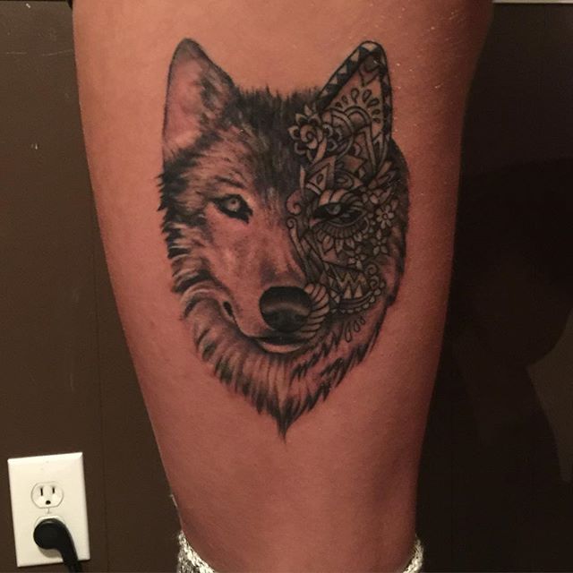 Mandala Wolf Head Tattoo On Leg