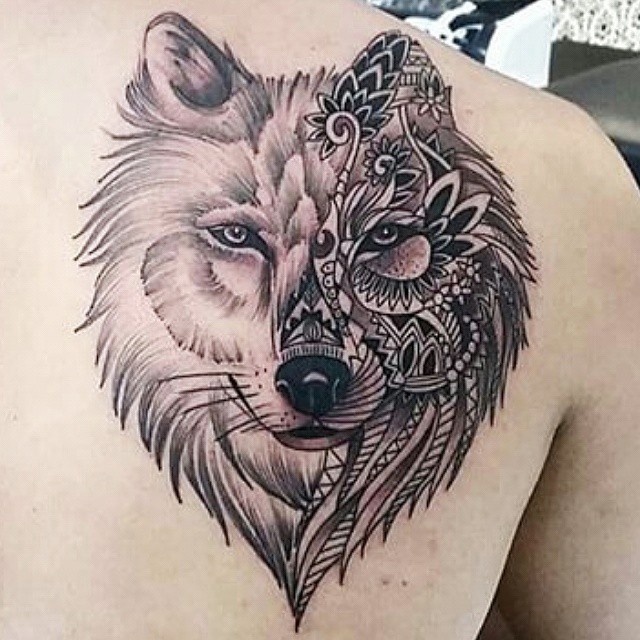 Mandala Wolf Head Tattoo On Right Back Shoulder