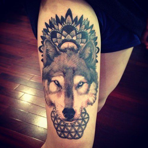 Mandala Wolf Tattoo On Girl Right Thigh