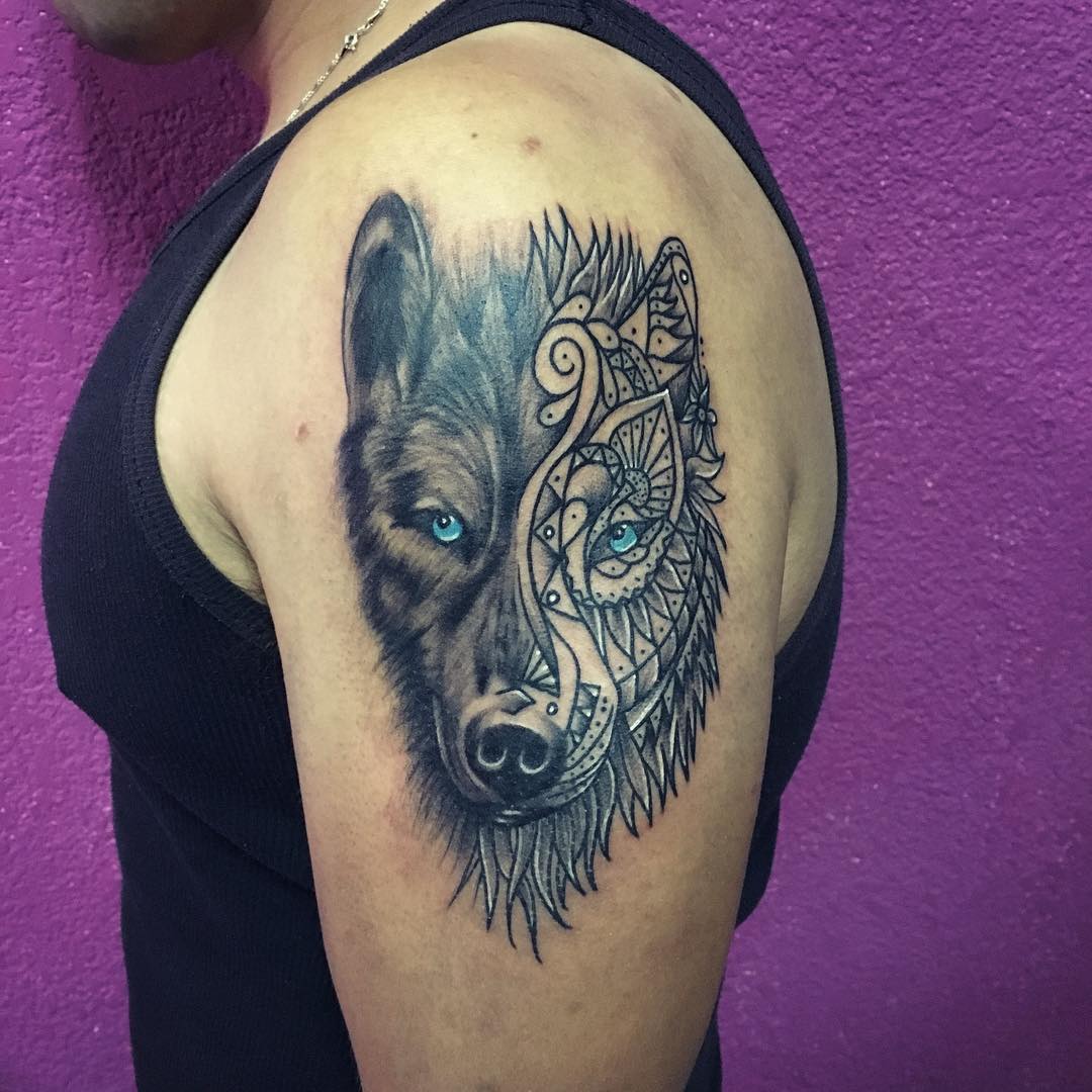 Mandala Wolf Tattoo On Man Left Shoulder