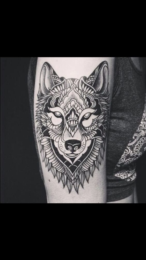 Mandala Wolf Tattoo On Right Bicep