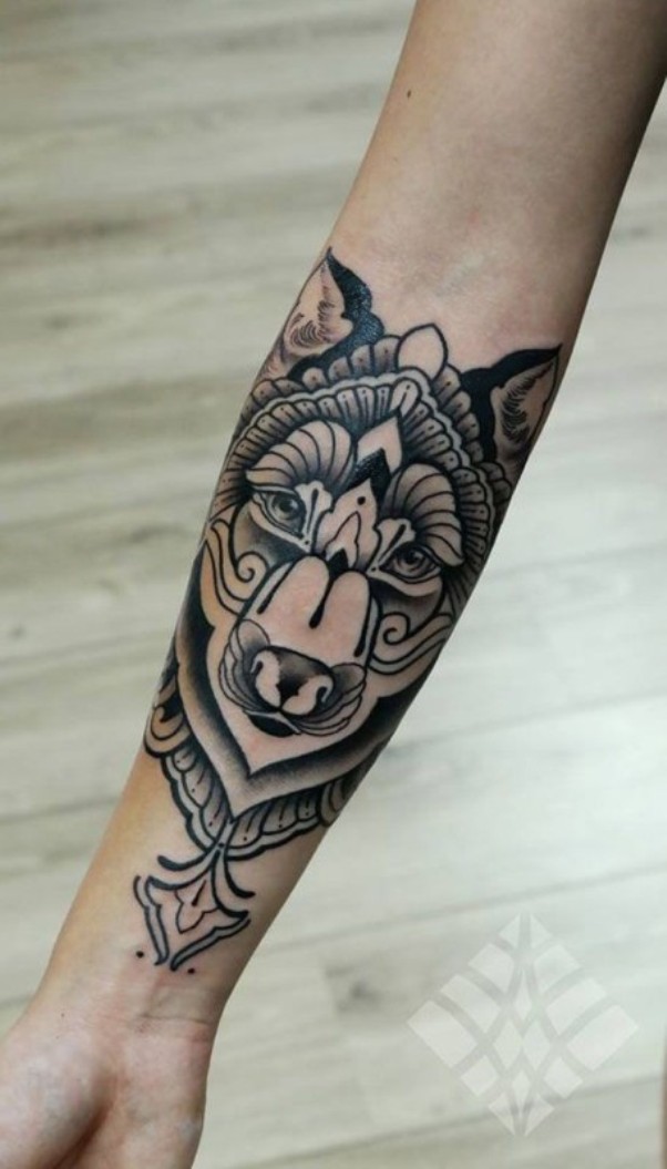 Mandala Wolf Tattoo On Right Forearm