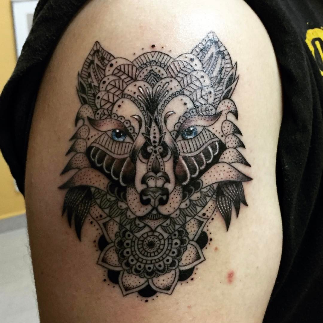 Mandala Wolf Tattoo On Right Shoulder