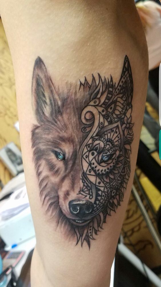 Mandala Wolf Tattoo On Side Leg