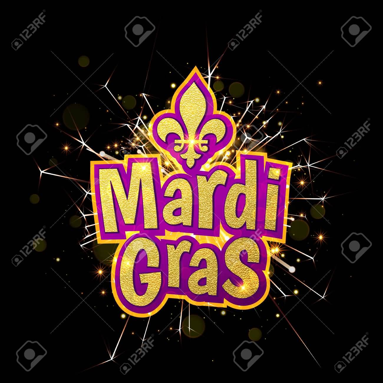 Mardi Gras Gold Glitter Text With Firework Sparkles Design Greeting Card