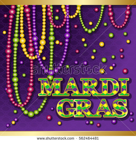 Mardi Gras Greeting Card With Shining Beads On Traditional Colors