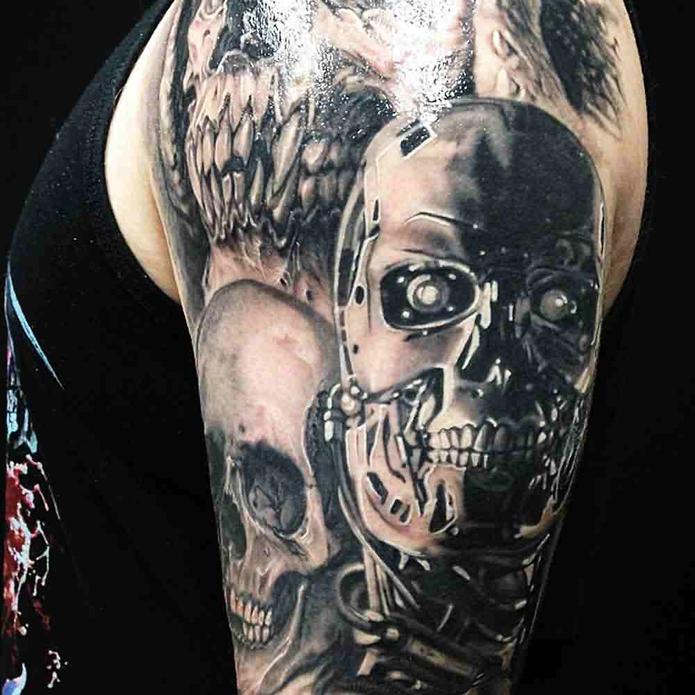 Mechanical 3D Skull Tattoo On Left Half Sleeve