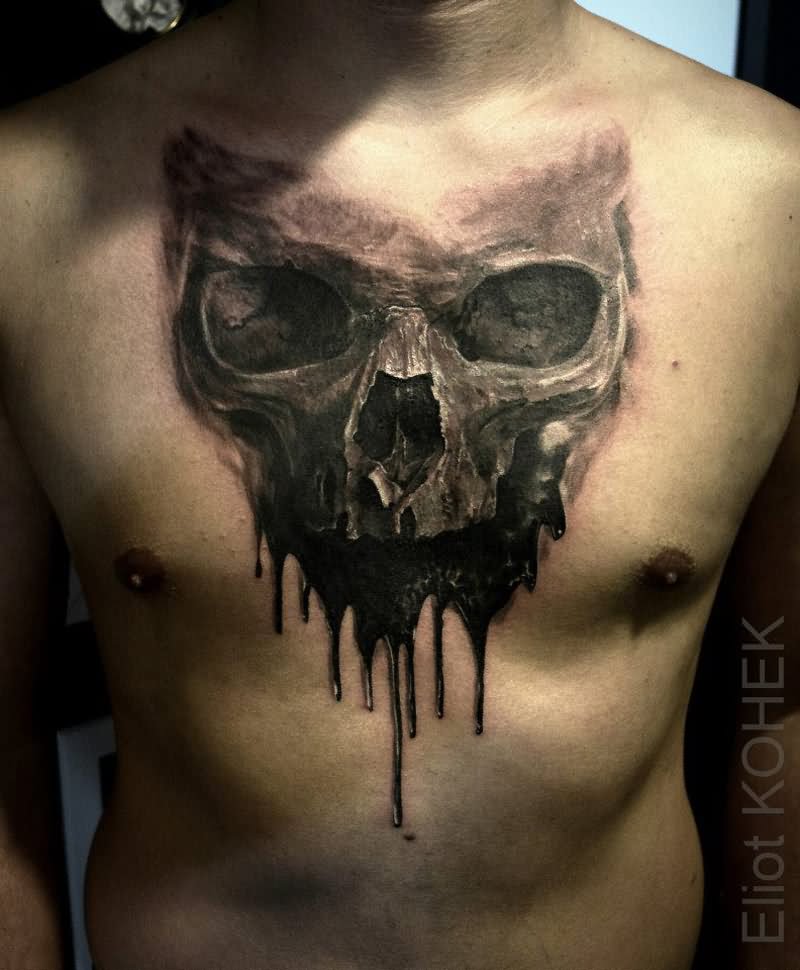 Melting 3D Skull Tattoo On Chest by Eliot Kohek