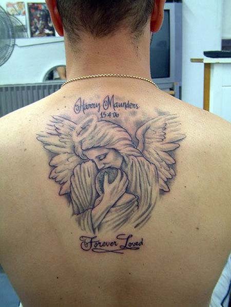 Memorial Angel Mother And Baby Tattoo On Upper Back