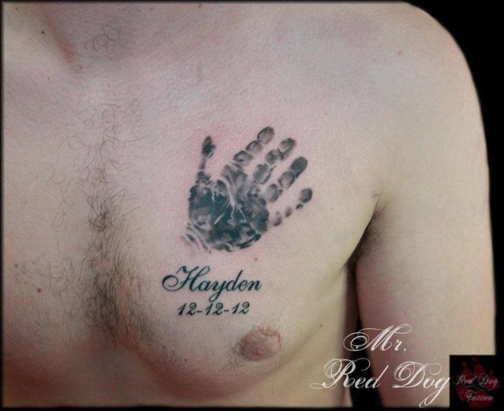 Memorial Black Ink Hand Print Tattoo On Left Chest