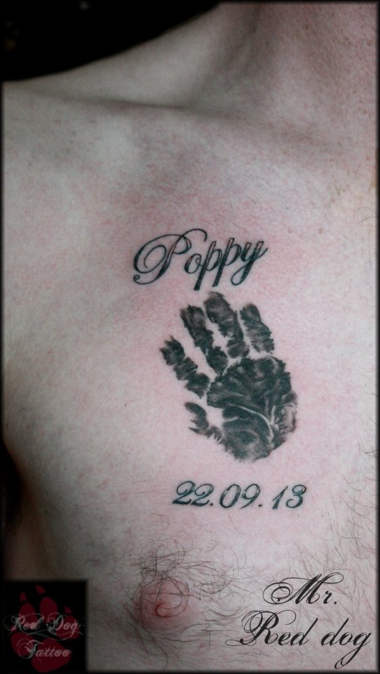 Memorial Black Ink Hand Print Tattoo On Right Chest