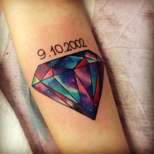 Memorial Colorful Diamond Tattoo On Forearm