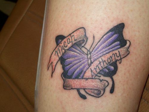 Micah Anthony Banner And Purple Butterfly Tattoo