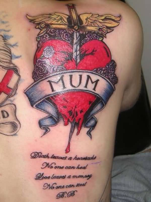 Mom Banner With Dagger Heart Memorial Tattoo On Right Back Shoulder