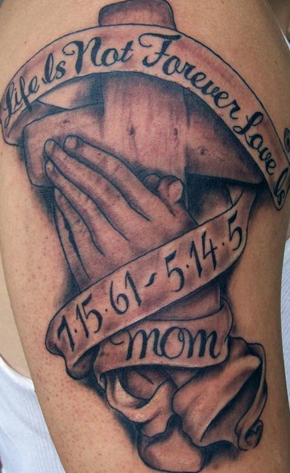 Mom Memorial Banner With Praying Hands And Cross Tattoo On Bicep