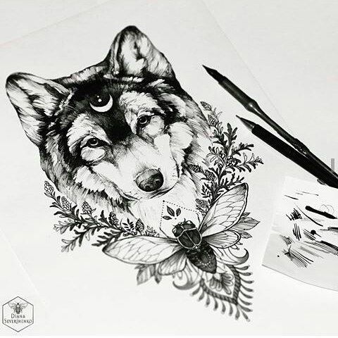 Moth And Mandala Wolf Tattoo Design