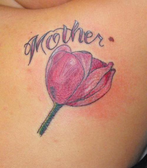 Mother Tulip Tattoo On Back Shoulder