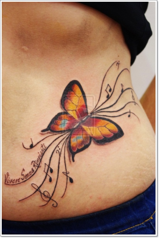 Music Notes, Butterfly Tattoo On Lower Back