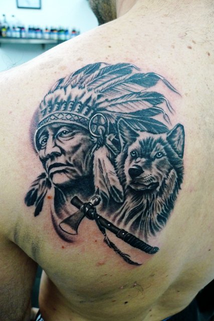 Native American And Wolf Head Tattoo On Back Shoulder