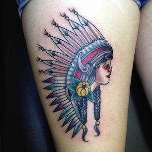 Native Women Head Tattoo On Right Thigh