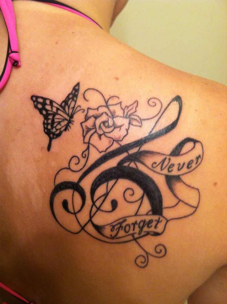 Never Forget Banner And Violin Key Memorial Tattoo On Right Back Shoulder