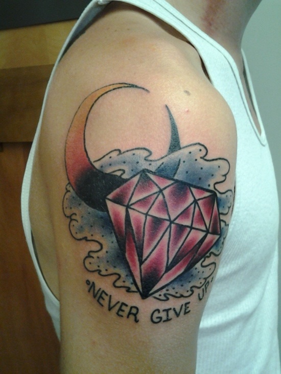 Never Give Up Diamond Tattoo On Right Bicep