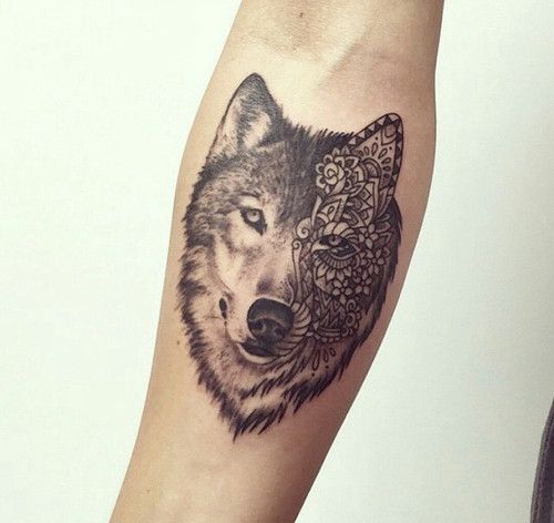 Nice Grey Ink Mandala Wolf Tattoo Picture