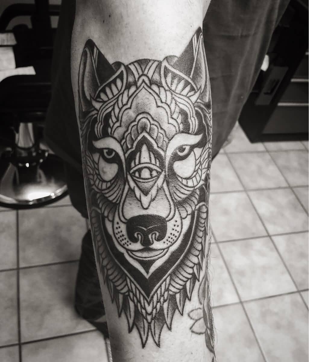 Nice Mandala Wolf Tattoo On Right Arm