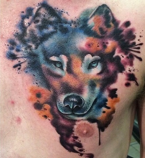 Nice Watercolor Wolf Head Tattoo On Chest