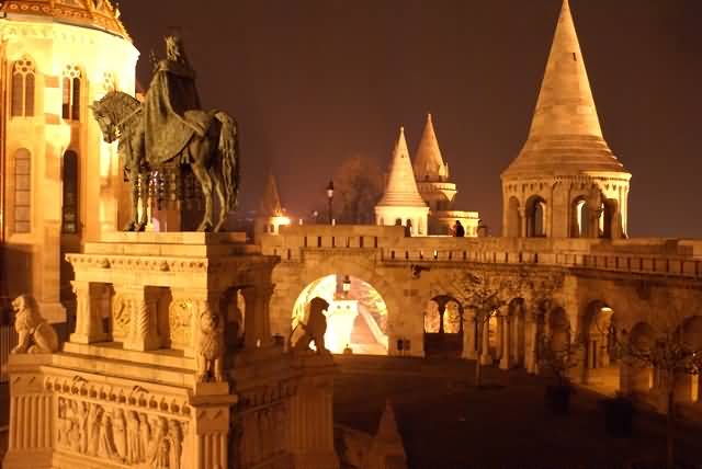Night View Of Fisherman's Bastion And Saint Stephen King Statue