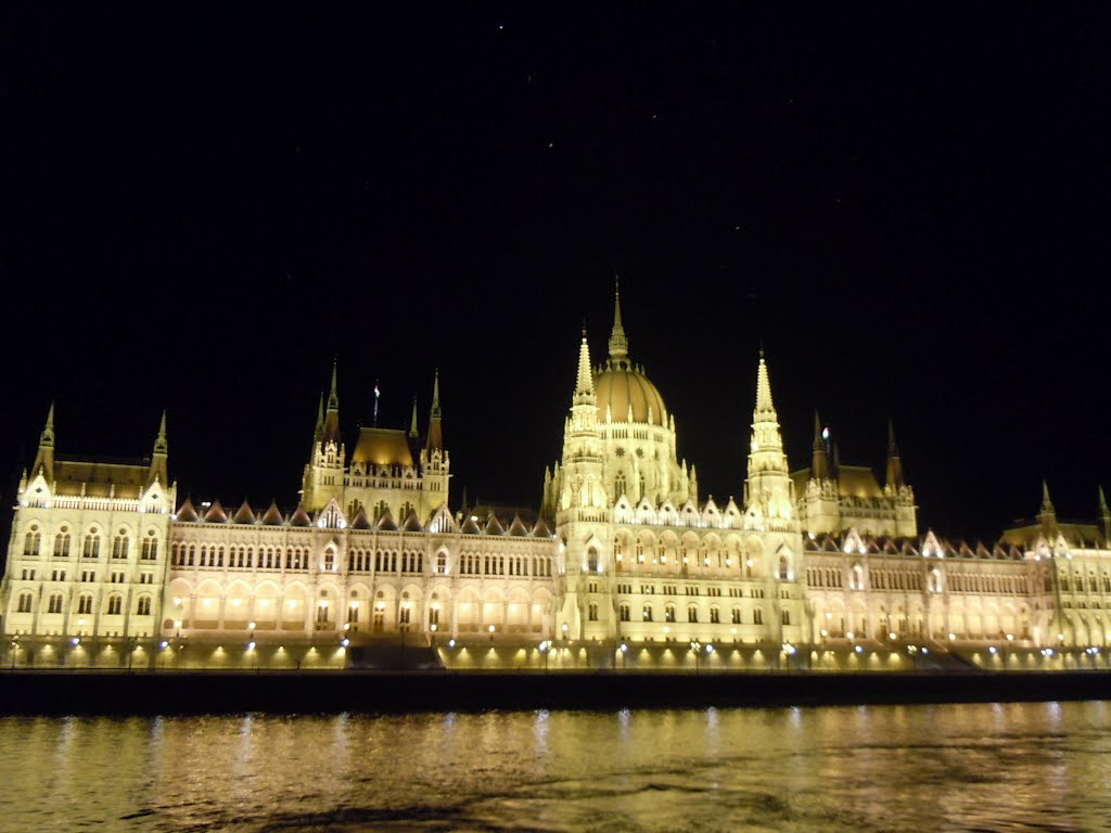 Night View Of The Hungarian Parliament Building From Danube River